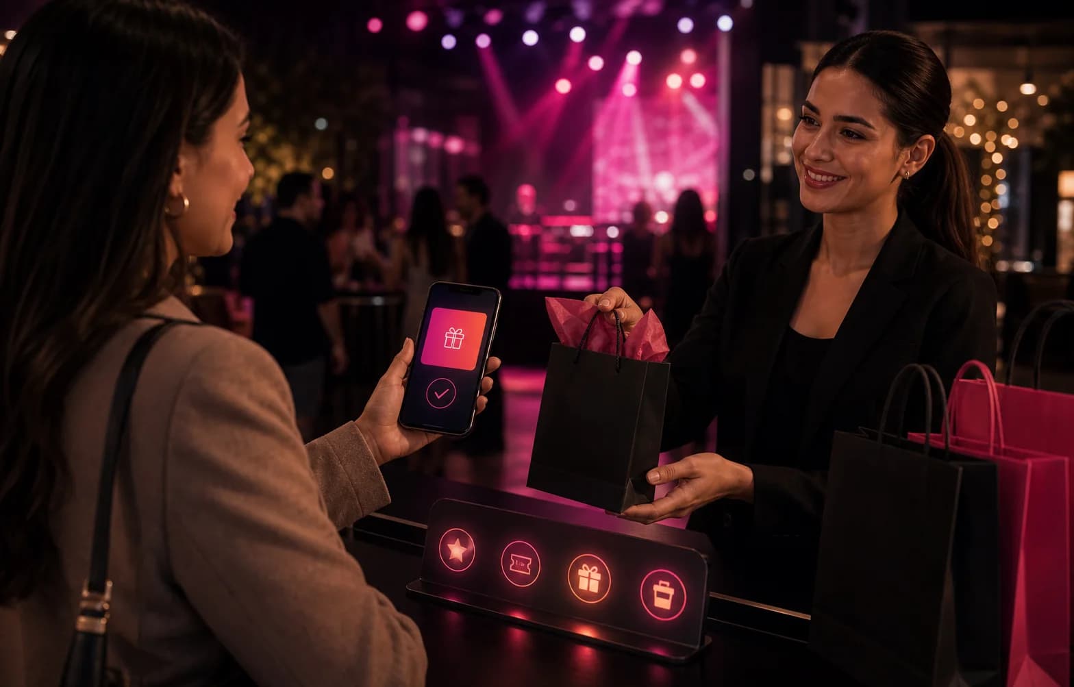 Cliente canjeando un premio en una activación de centro comercial