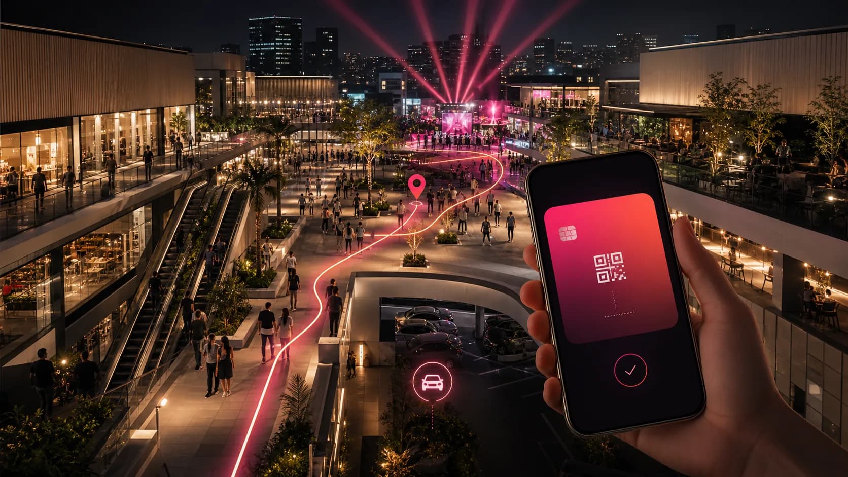 Centro comercial nocturno con ruta luminosa, Waze y pase digital Vuelta