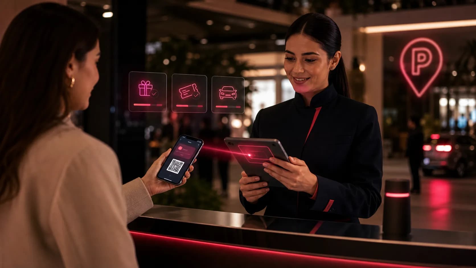 Personal de centro comercial validando un pase con QR para beneficios y parking