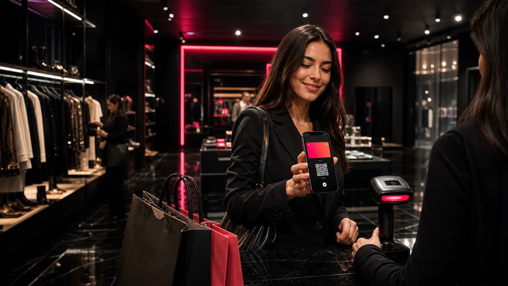 Cliente en boutique mostrando un pase Vuelta con QR para validar beneficios