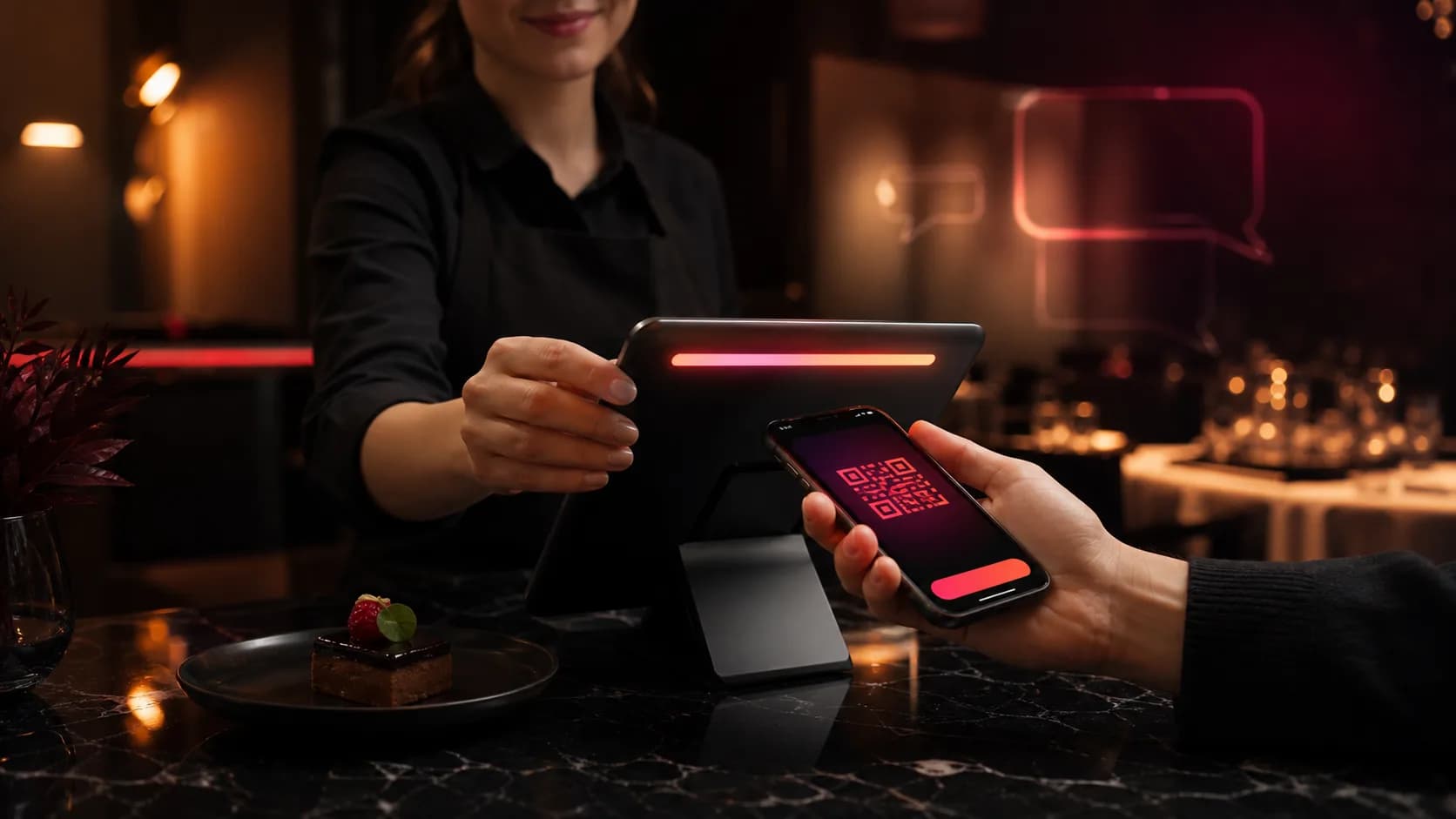 Staff de restaurante validando un QR seguro desde un pase en Wallet